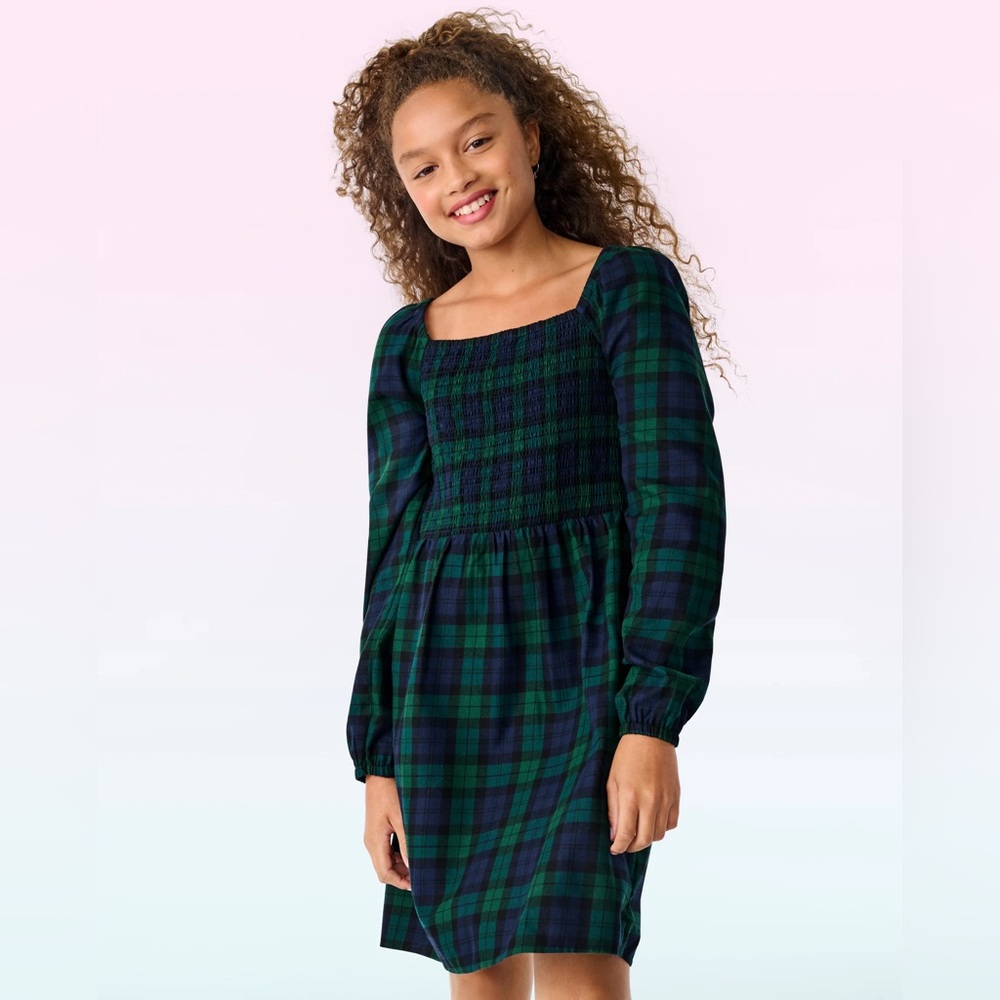 Cottagec SO Plaid Smocked Dress Long Sleeve Green Black Fit Flare‎ L
